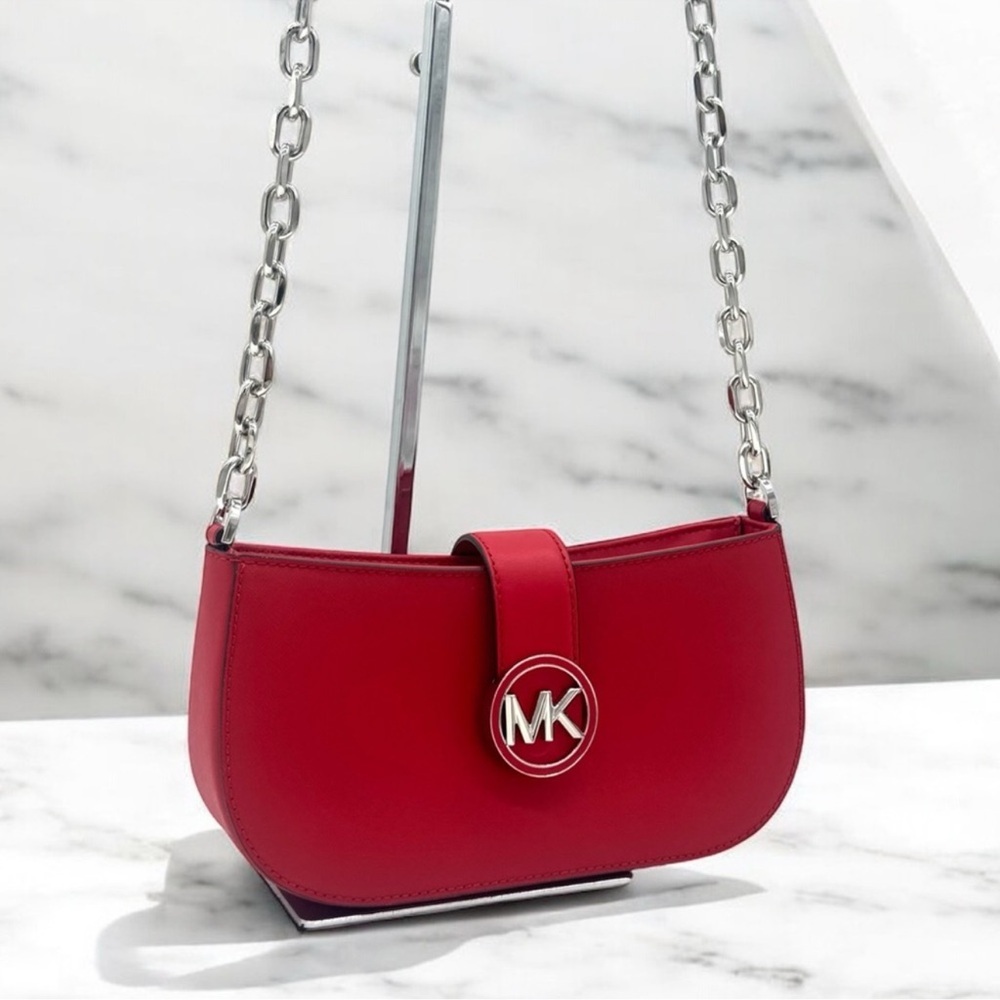 Michael Kors Carmen Small Pouchette Crossbody Bag Red/Silver - Picture 3 of 9